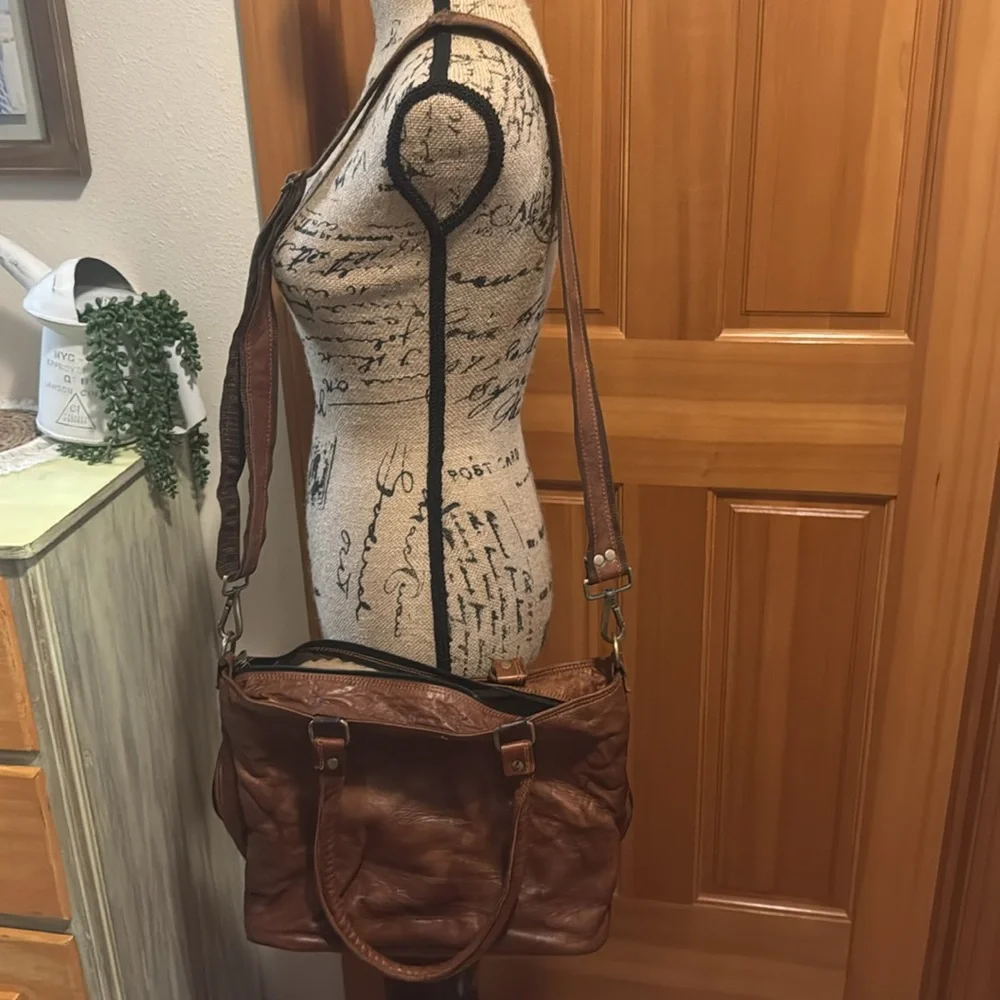 Goats Leather Tote Handbag Brown Shoulder Bag with cross body strap